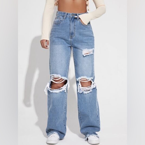 SHEIN Denim - SHEIN EZwear Ripped Cutout Wide Leg Jeans Size 6 Light Wash Y2K Streetwear Denim